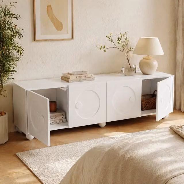 Mobile TV bianco moderno con ante a rilievo 3D, 180,5 cm