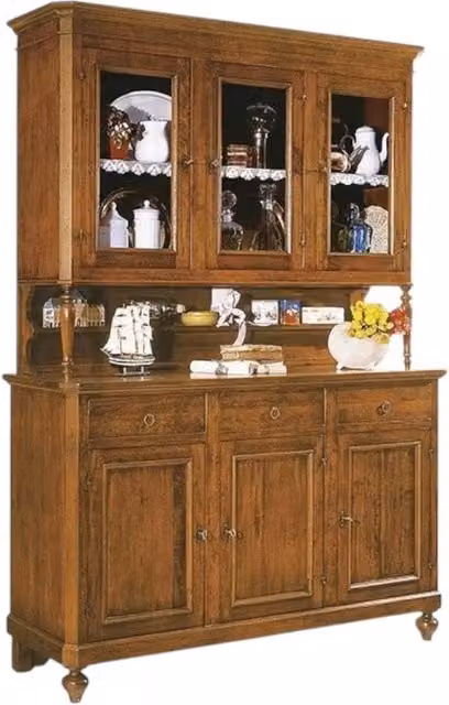 Cristalliera in legno massello stile arte povera con 3 porte in vetro e 3 cassetti di Mobili 2G, colore noce, L: 160 cm, P: 50 cm, H: 221 cm – 3