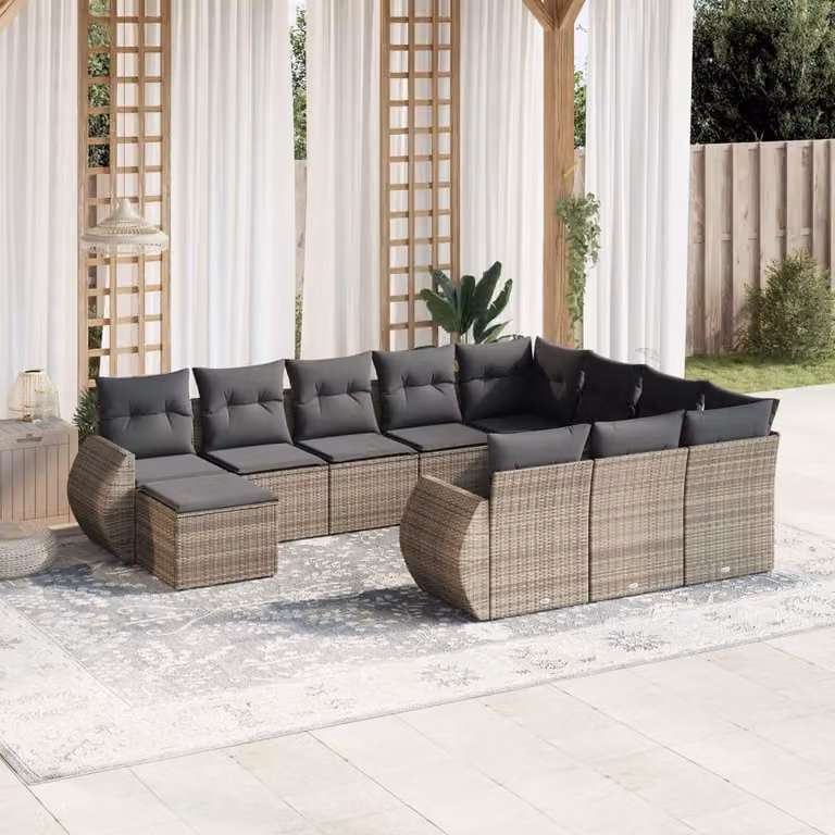 vidaXL Set Divani da Giardino 11 pz in Polyrattan Grigio con Cuscini e Tavolino da Esterno