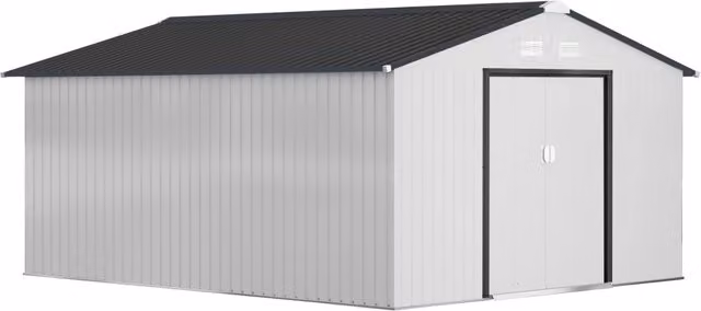 Casetta da Giardino 3.4x3.8x2 m in Acciaio con Doppia Porta Scorrevole e Tetto Inclinato, Argento