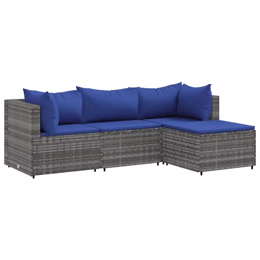 vidaXL Set Divani da Giardino a L con Ottoman e Cuscini, Struttura in Metallo e Polyrattan Grigio e Blu – 2