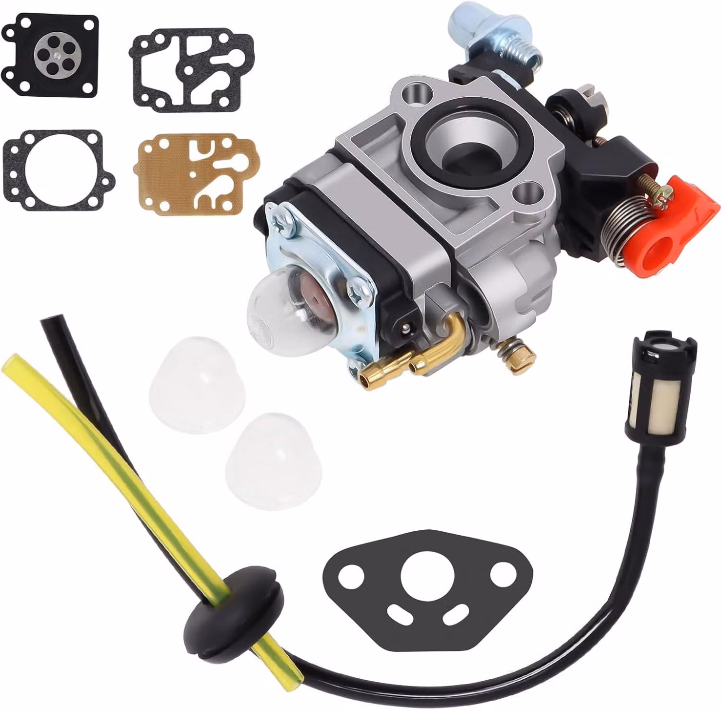 Carburatore da 26cc a 33cc, per decespugliatori, completo di pompa, kit di distanziatori e tubo carburante
