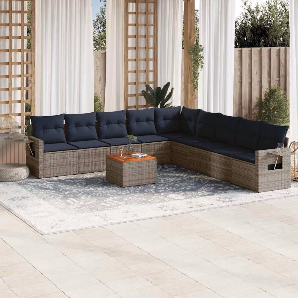 Set di divani da giardino vidaXL in polyrattan grigio con 10 pezzi e cuscini inclusi
