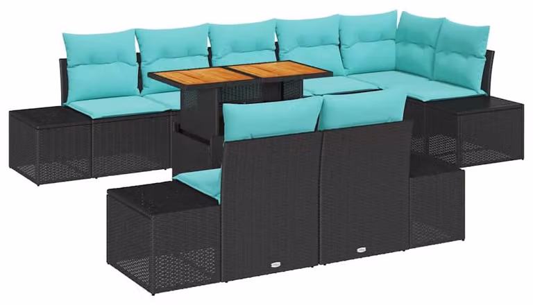 Set da giardino composto da 9 pezzi, colore nero, realizzato in rattan sintetico