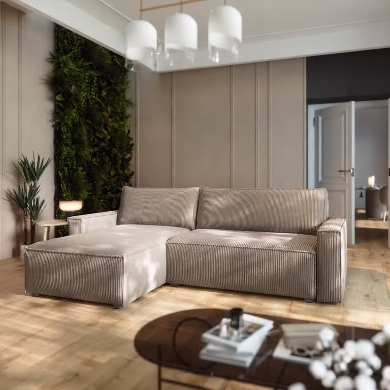 Divano angolare BESMIR di Masseno con funzione letto a L, divano con box letto, divano da soggiorno, divano, divano letto, set di divani - beige, POSO 02