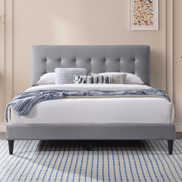 Letto imbottito 140x200 e 160x200 cm, letto matrimoniale con rete a doghe e rivestimento morbido, struttura del letto, trapuntatura a cassettoni, 160x200 cm, grigio