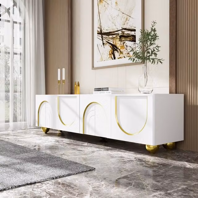 Mobile TV con quattro ante push to open e ripiani interni in pannello truciolare bianco e oro 170 × 38 × 44 cm