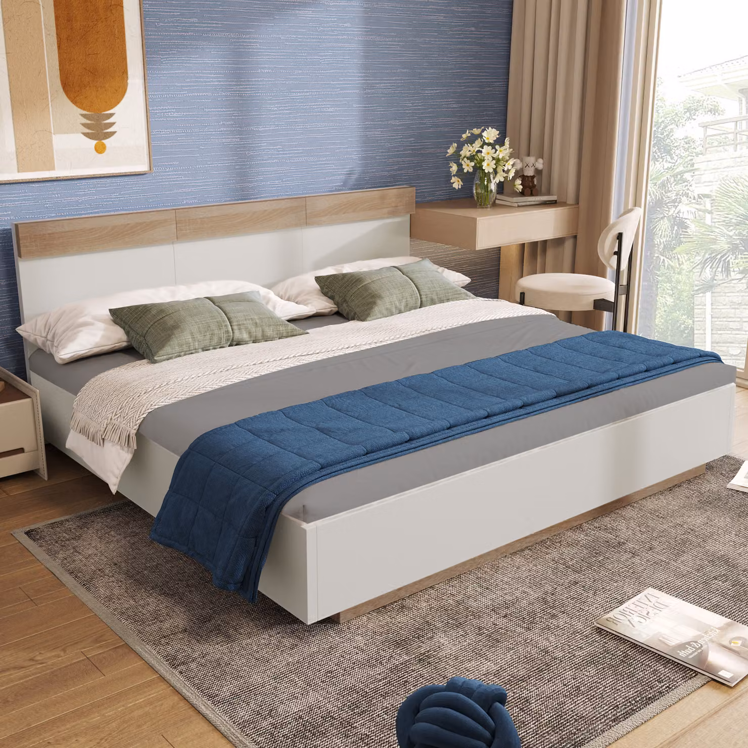 okwish Letto per bambini Letto matrimoniale galleggiante in legno con testata composta da rete e griglia a doghe, rovere sonoma/bianco (senza materasso) 160x200 cm