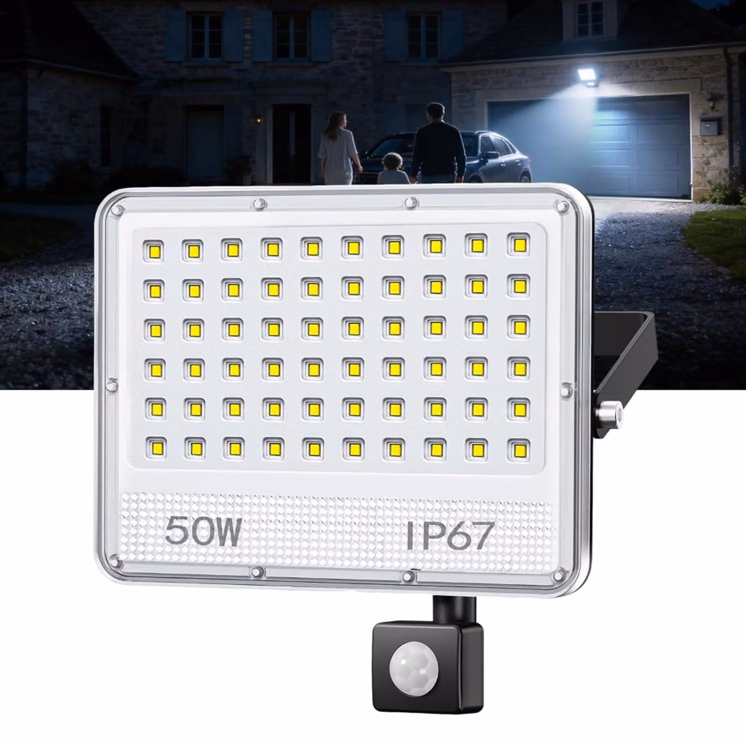 Faretto LED da esterno con sensore, 50 W, 5000 lumen, grado di protezione IP67, confezione da 1 pezzo.