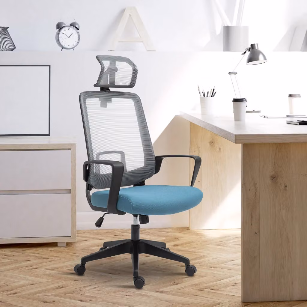 Sedia da Ufficio Ergonomica Minimal Blu e Grigio con Schienale in Rete e Poggiatesta L: 63,5 cm, P: 63 cm, H: 116,5-125,5 cm – 2