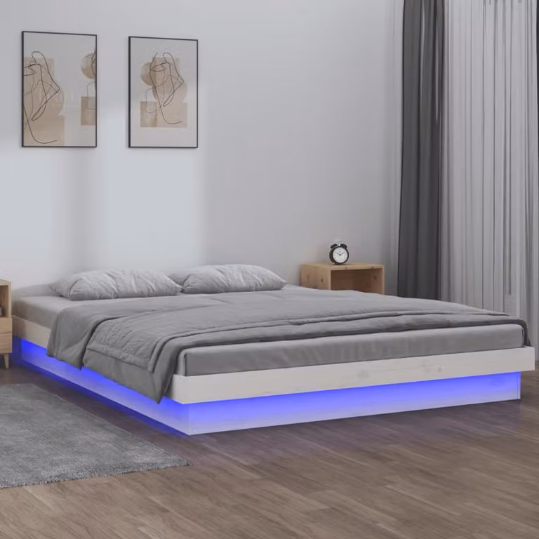 The Living Store Letto in legno massiccio con LED Bianco 120x200 cm