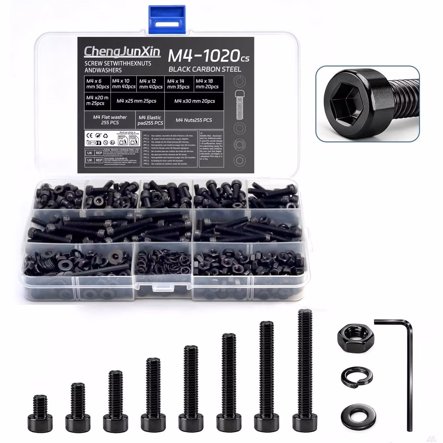 Set di 1020 viti e bulloni M4 Acciaio al carbonio