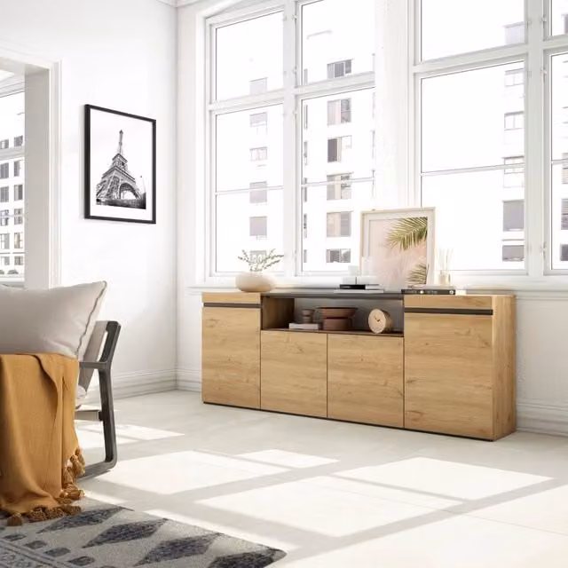 Credenza, Mobile, 200x35x75cm, 4 Porte, grande stoccaggio, colore Rovere e nero RF2280
