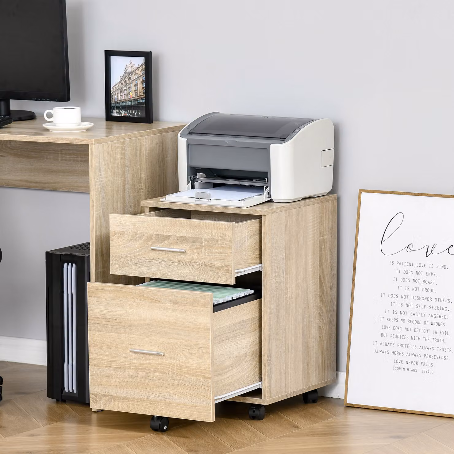 Vinsetto Mobile per Archiviazione da Ufficio con 2 Cassetti e 5 Ruote in Rovere, L 39,5 cm x P 39 cm x H 58,5 cm – 2