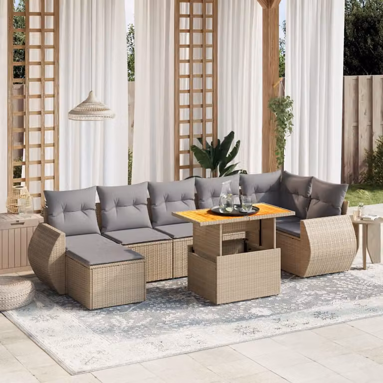 vidaXL Set Divano da Giardino 8 pz in Polyrattan Beige con Cuscini Imbottiti e Tavolino