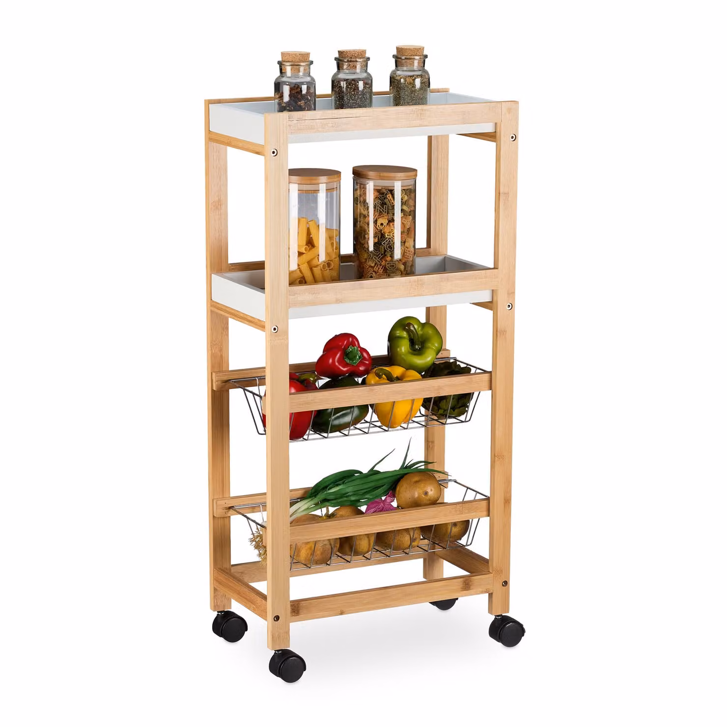 Relaxdays Scaffale da nicchia, 4 ripiani, scaffale da nicchia stretto per bagno e cucina, L x P x A 83 x 22 x 40 cm, bambù, scaffale su ruote, naturale/bianco