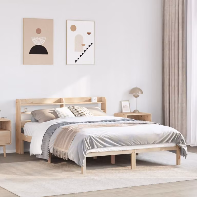 vidaXL Letto in Legno Massello di Pino Marrone con Ripiani Laterali 150x200 cm