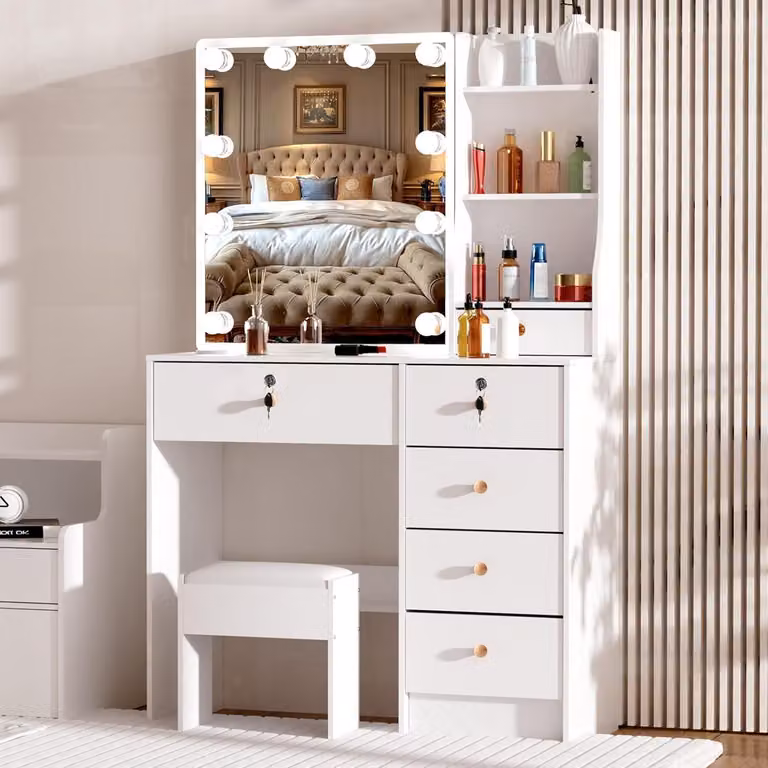 Comò da trucco con illuminazione a LED e specchio, tavolino da trucco con 3 livelli di luminosità regolabili