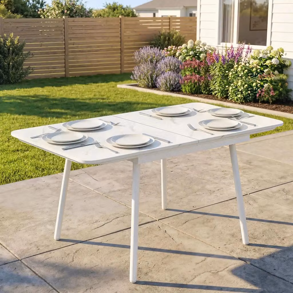 Tavolo da giardino rettangolare GIORDANOSHOP in metallo bianco con piano in materiale composito L: 140 cm, P: 80 cm, H: 75 cm – 2
