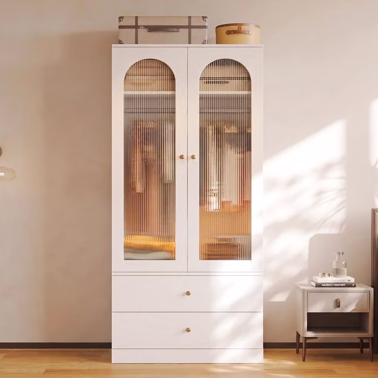 Armadio 90x50x200, con ante a battente, 2 cassetti, 2 ante in vetro, 1 barra appendiabiti, design moderno, ampio spazio di stoccaggio