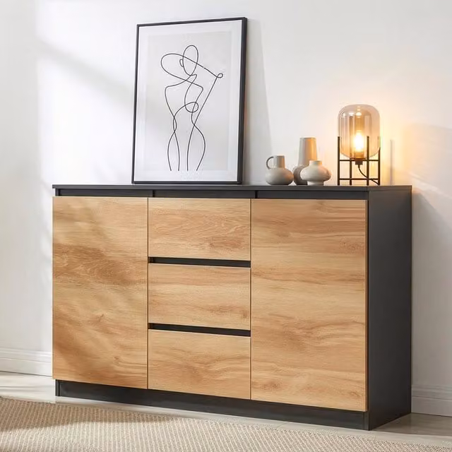 Credenza Mobile Contenitore Kyr en.casa con 2 Ante e 3 Cassetti, Nero e Rovere Rustico, L: 120 cm, P: 35 cm, H: 75 cm