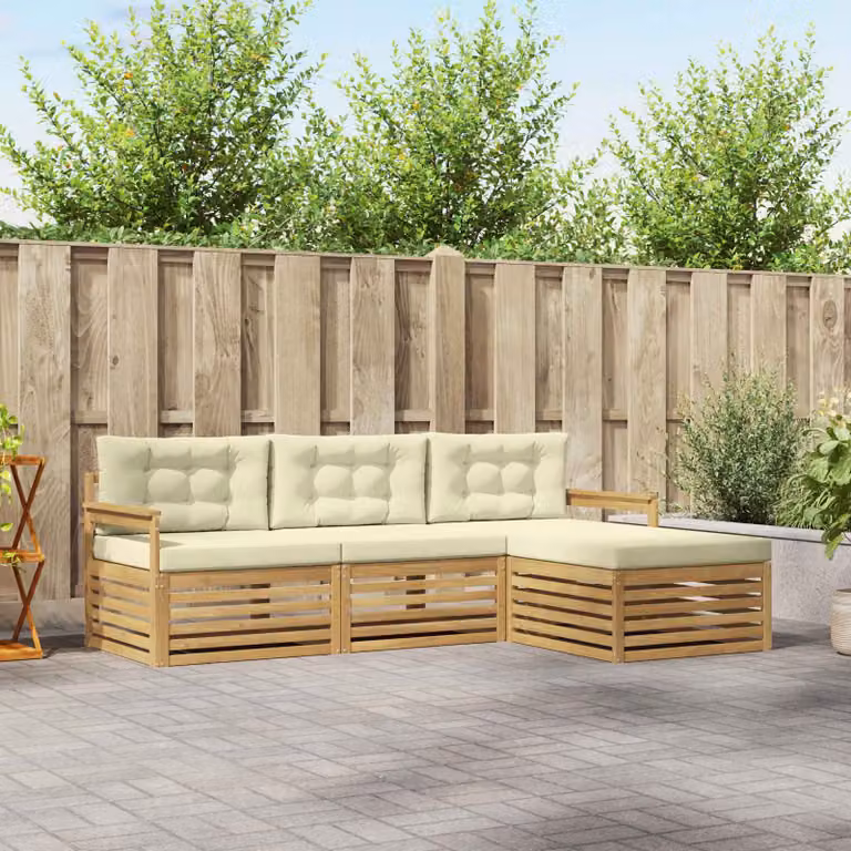 vidaXL Set di divani da esterno a L con pouf, struttura in legno di acacia e cuscini bianchi e beige