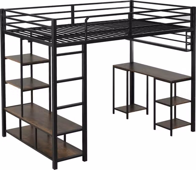 Letto a soppalco 120 × 200 cm 1 posto con scrivania e mensola, senza materasso, in metallo, nero e noce scuro