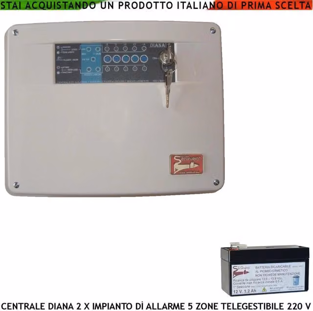 Centrale Antifurto Filare Securvera Diana 5 Zone con Chiave Meccanica e Batteria 12 V 1,2 Ah, Colore Bianco