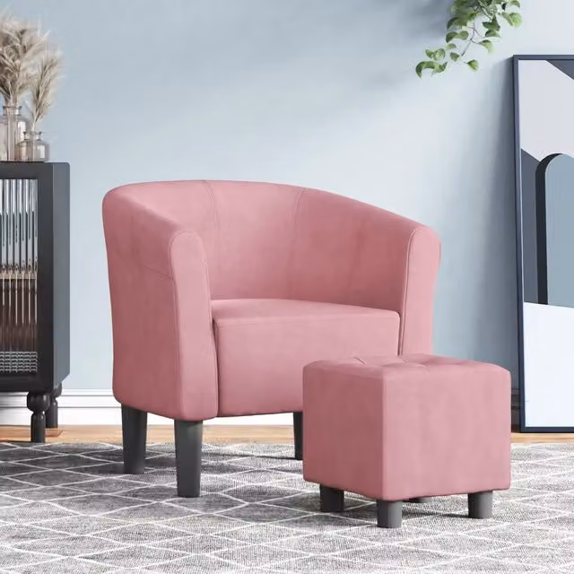 Divano Sedia-Poltrona Cabriolet con Poggiapiedi in Velluto Rosa con Braccioli e Design Moderno