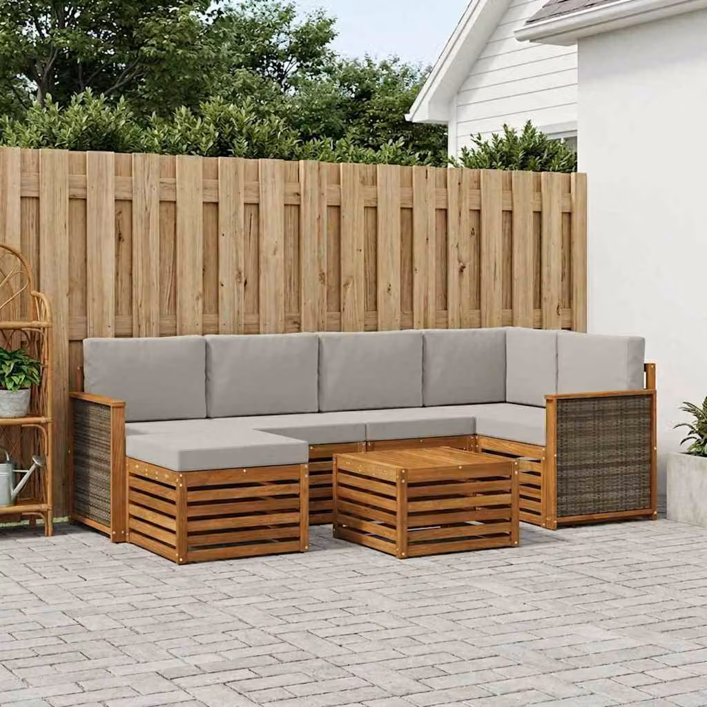 Set di divani da esterno vidaXL 6 pz a forma di L in legno di acacia con cuscini beige e grigio