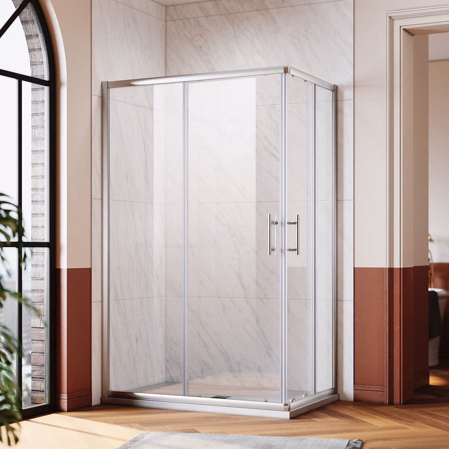 Doccia ad angolo SONNI Cabina doccia ad angolo Porte scorrevoli ad ingresso angolare LxP: 120x90 cm, vetro temperato di sicurezza, installazione a destra e a sinistra, altezza 195 cm