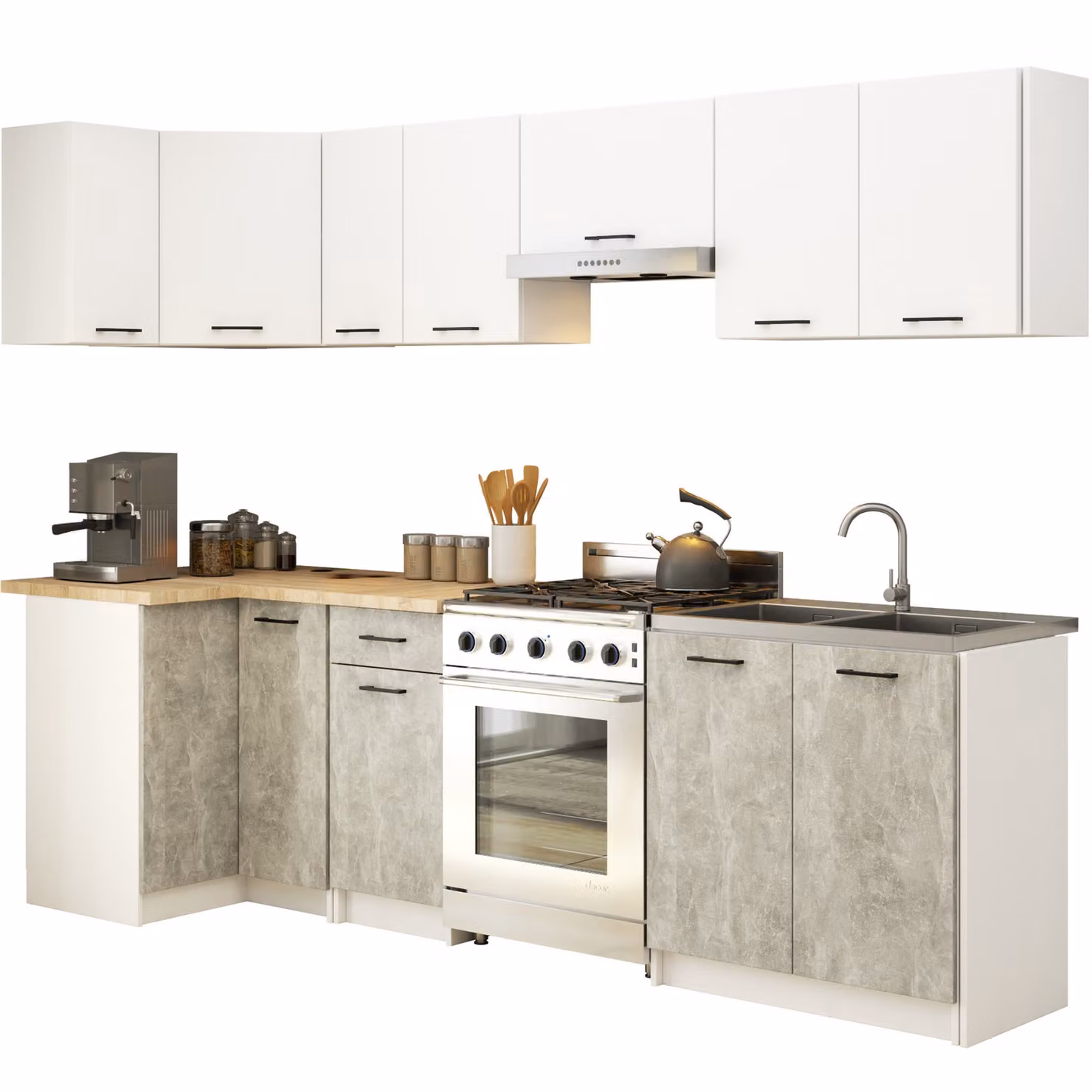 Set da cucina: un cassetto, undici ante, sedici ripiani, colore: bianco cemento