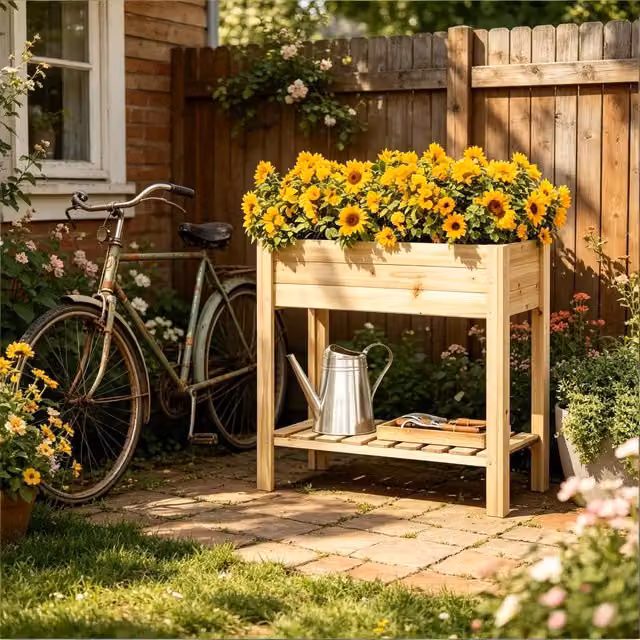 Orto rialzato su gambe con ripiano portaoggetti e inserto in legno massello colore legno 80 × 75 × 40 cm