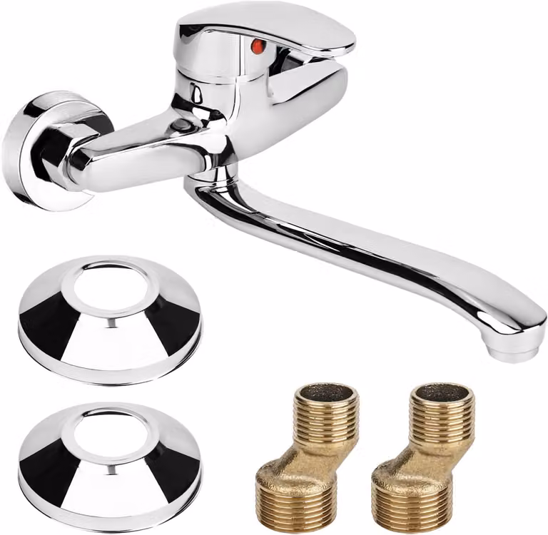 Miscelatore da cucina a 360°, da montare a parete, per acqua fredda e calda, con braccio girevole da 24 cm, cromato, per cucina