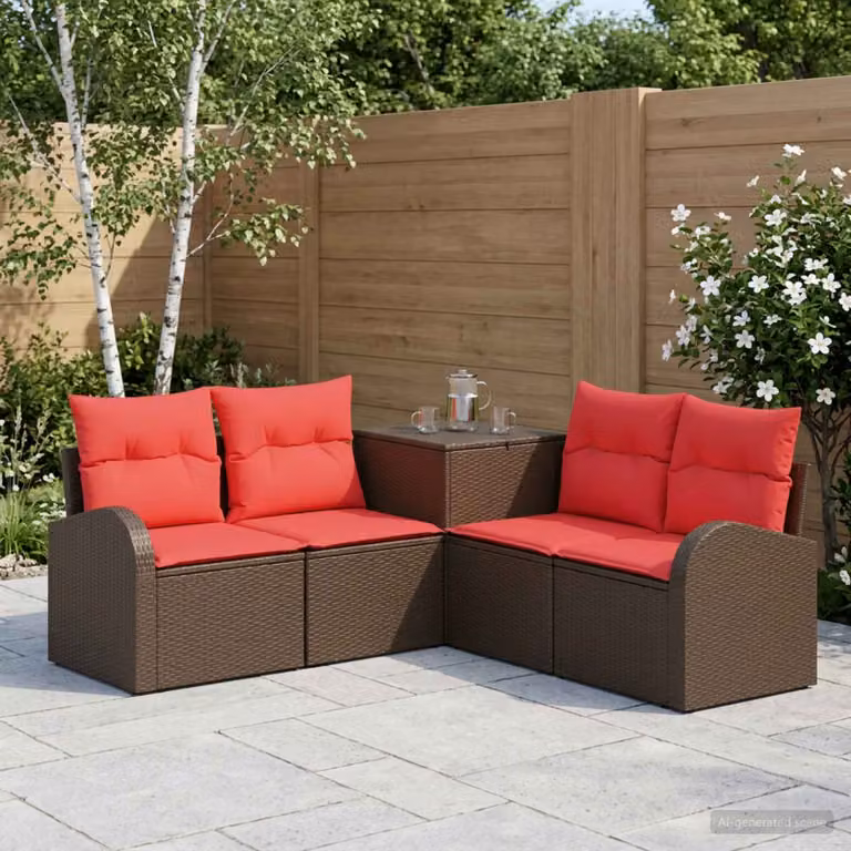 Set di divani da giardino vidaXL a forma di L con pouf, in rattan e acciaio verniciato, colore marrone e rosso
