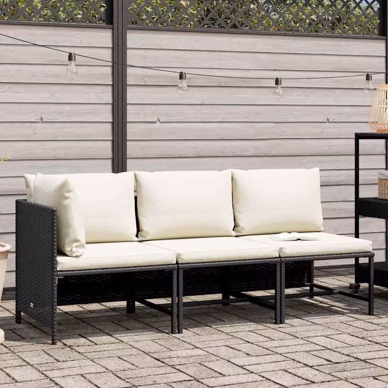 vidaXL Set Divani da Giardino 3 pz con Cuscini in Polyrattan Nero