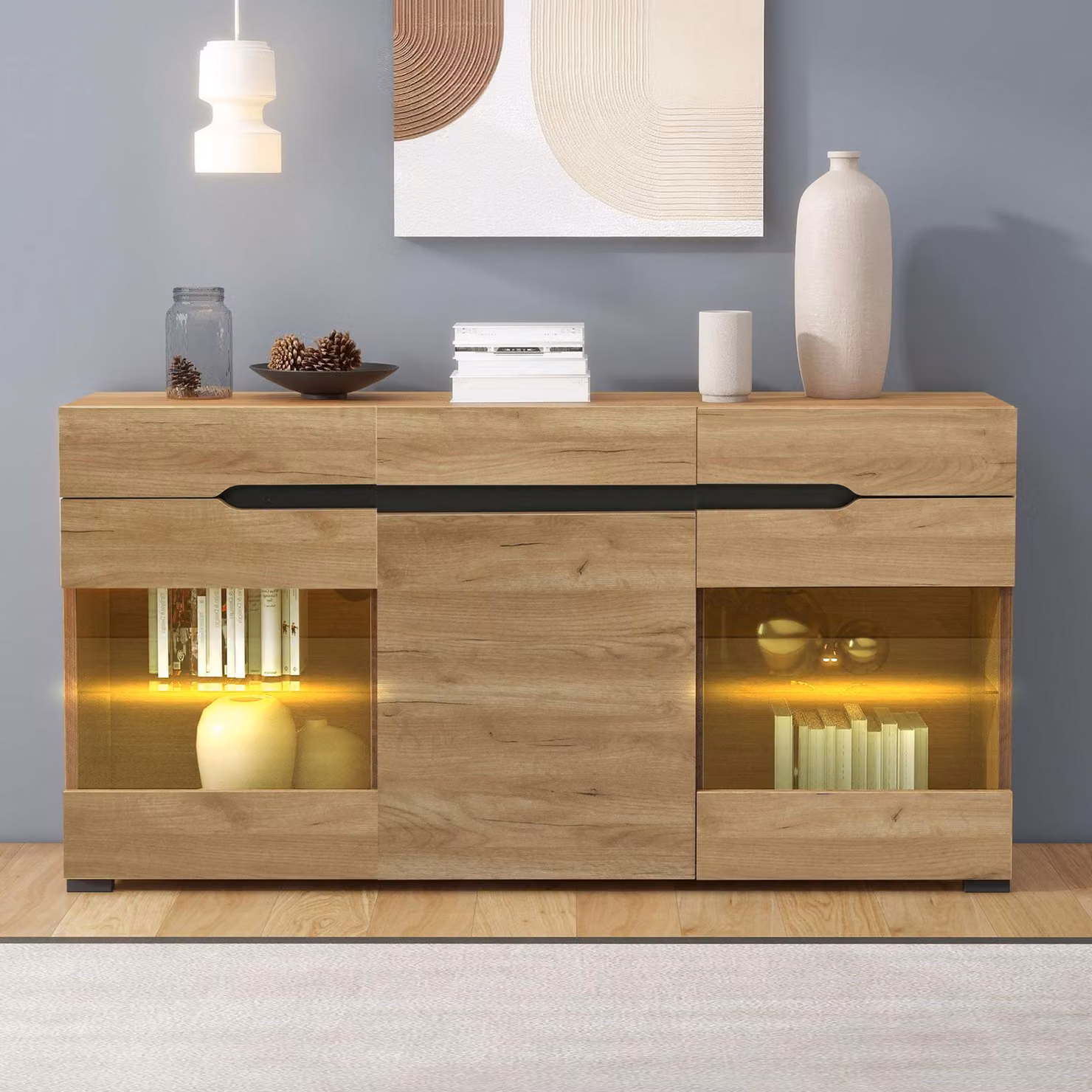 Credenza Merax con strisce luminose a LED, comò moderno con 3 ante e 3 cassetti, credenza con ripiano in vetro, nero + legno