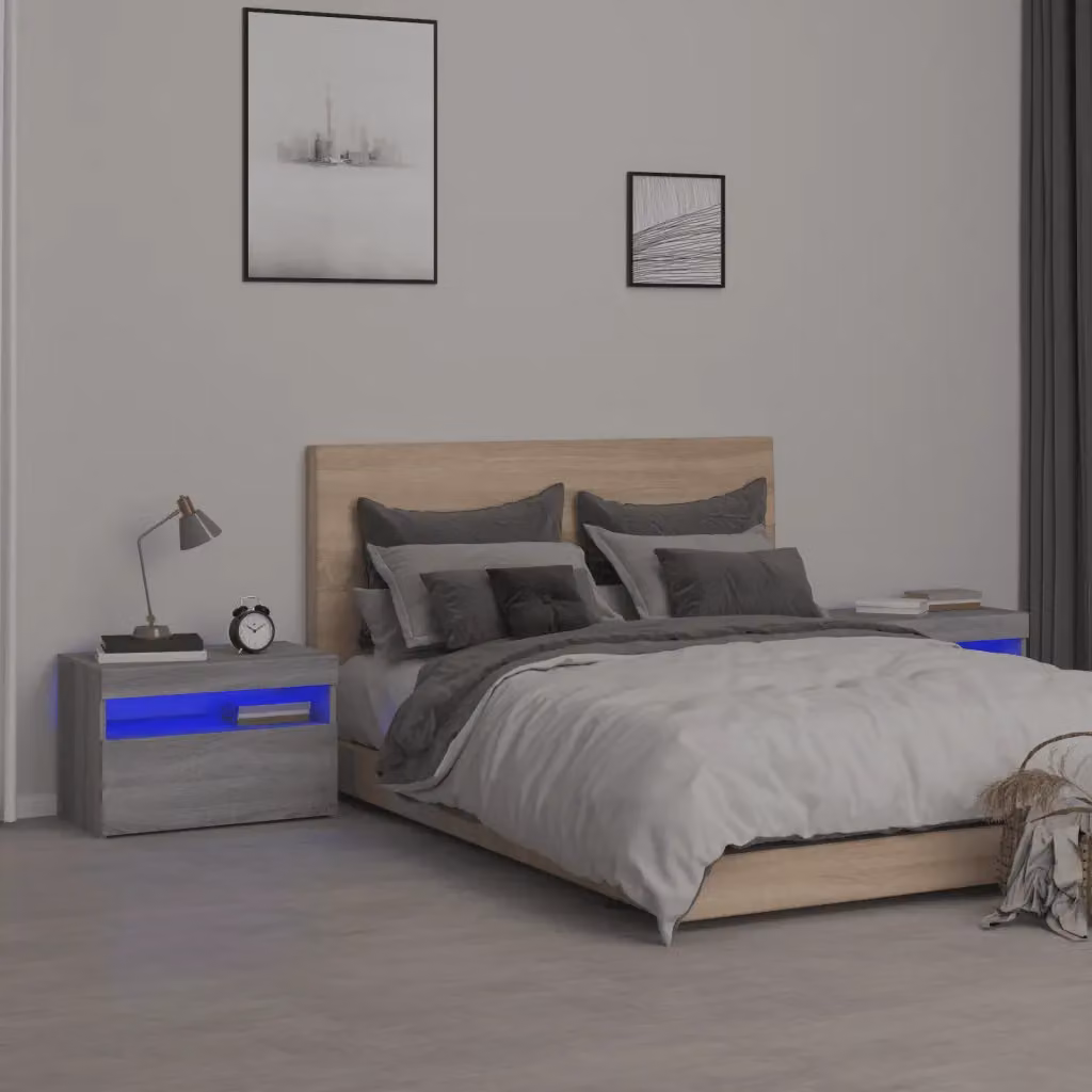 Set di 2 comodini vidaXL con luci LED integrata, colore Grigio Sonoma, L 60 cm x P 35 cm x H 40 cm