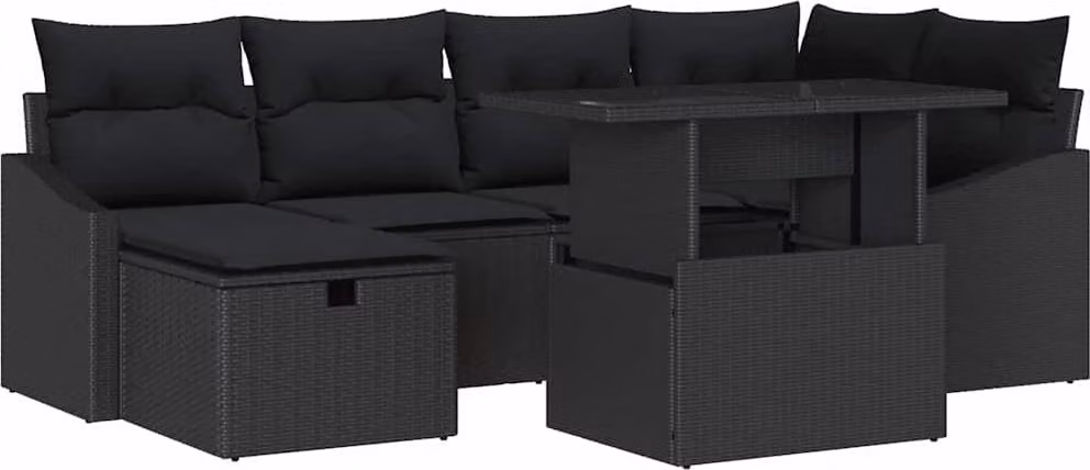 Set Divano da Giardino con cuscino 7 pcs Nero polyrattan