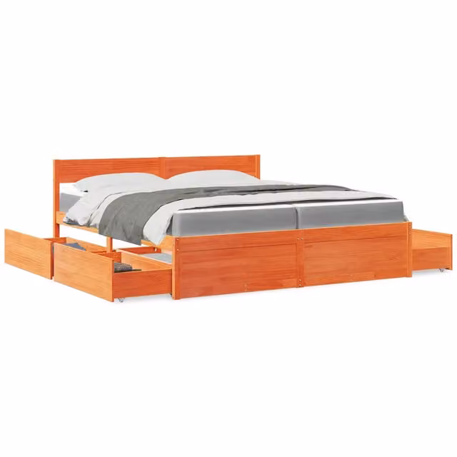 Letto con cassetti e materasso vidaXL in legno massello di pino color marrone cera L/P/H: 200 x 200 x 205,5 cm