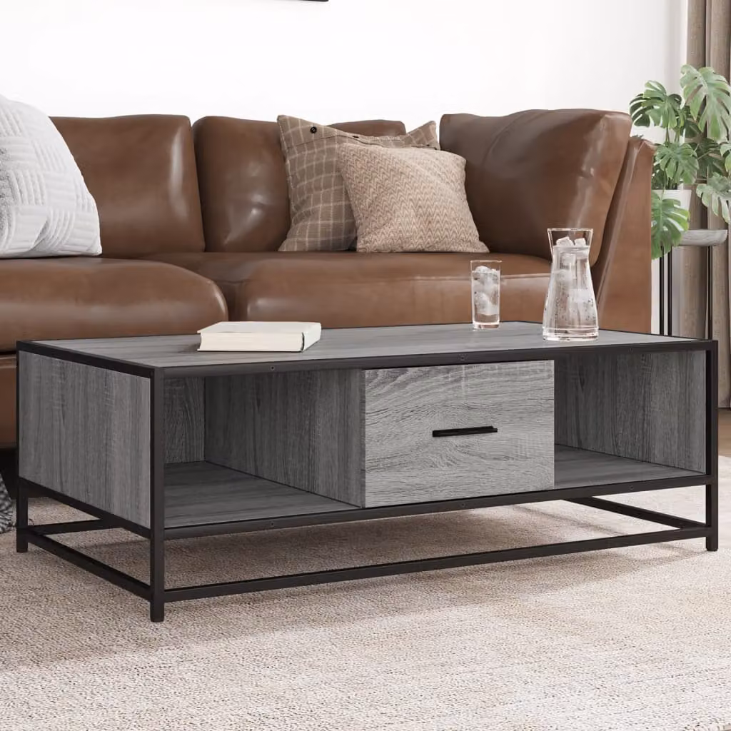 Tavolino da soggiorno vidaXL in stile industriale, colore grigio, realizzato in legno e metallo, L 100 x P 57 x H 35 cm