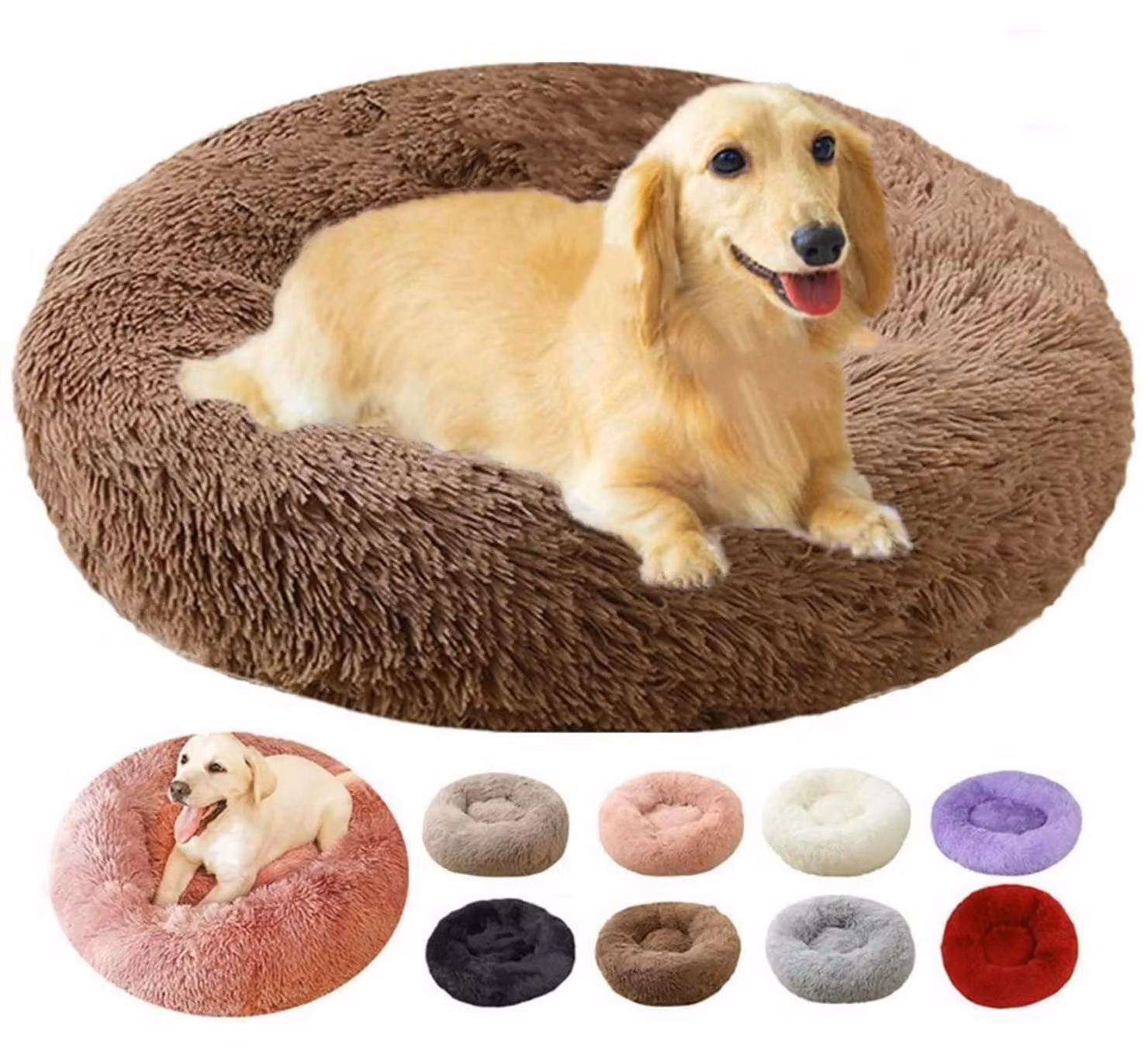 Cuccia per cani, lavabile, rotonda, 80 cm di diametro, colore caffè, in peluche, antiscivolo