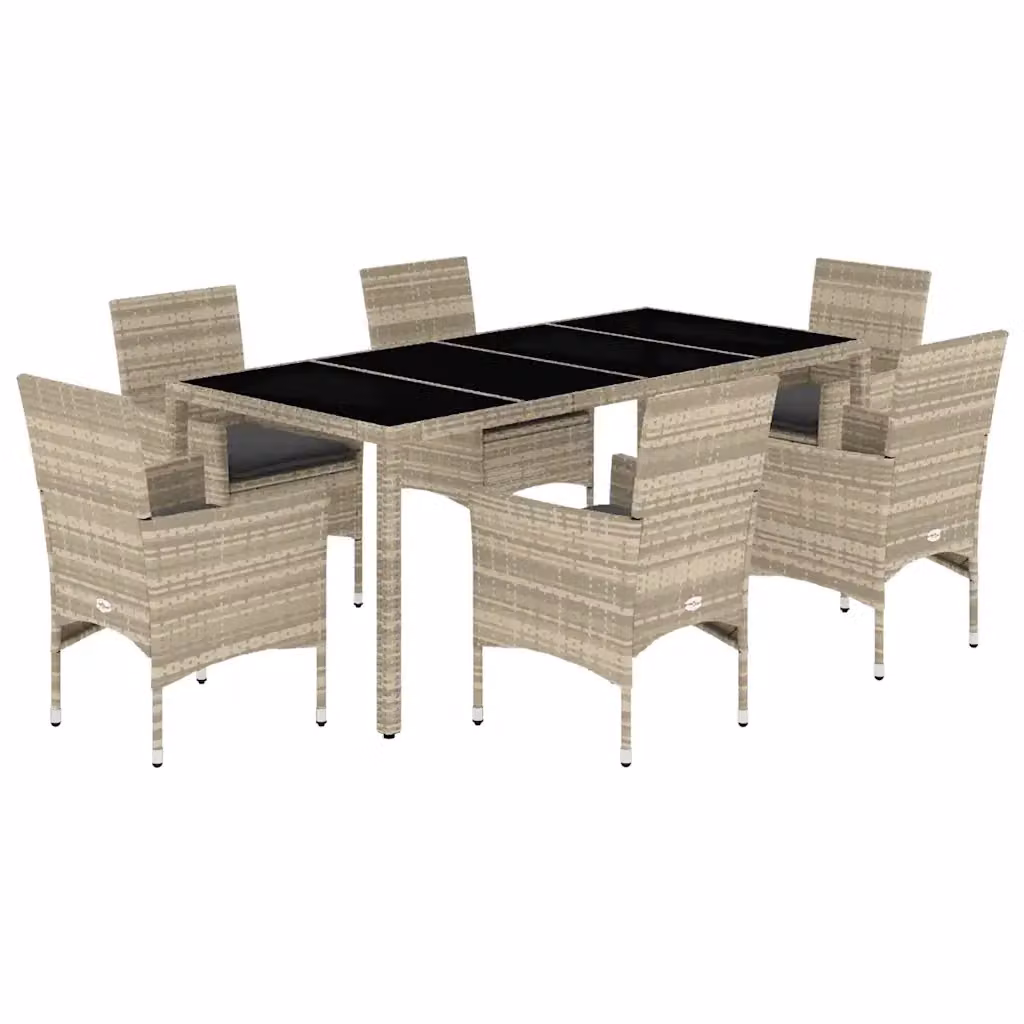 Set Pranzo da Giardino vidaXL in Polyrattan e Vetro con 7 Pezzi e Cuscini Grigio Chiaro – 2