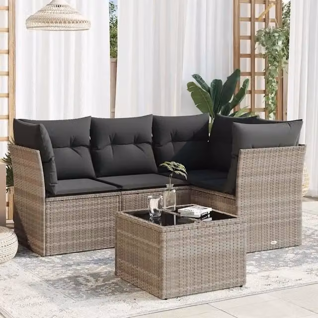 Set Divano da Giardino a L VIDAXL in Polyrattan Grigio Chiaro con 5 Cuscini