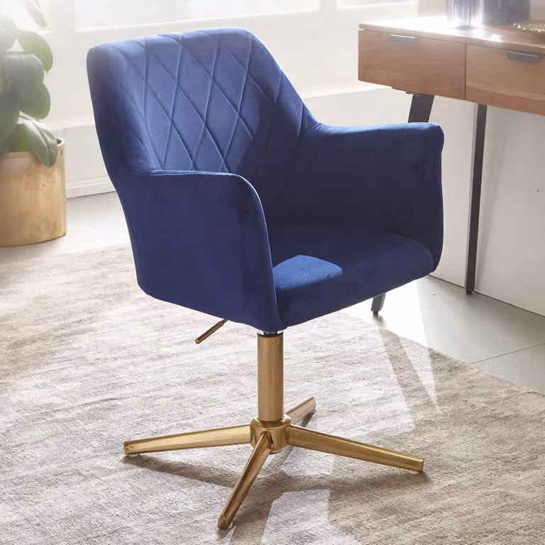 FineBuy Sedia da scrivania in velluto blu, sedia girevole con schienale, sedia a scocca, portata 120 kg, regolabile in altezza, sedia da lavoro senza rotelle, sedia da scrivania per l'ufficio a casa