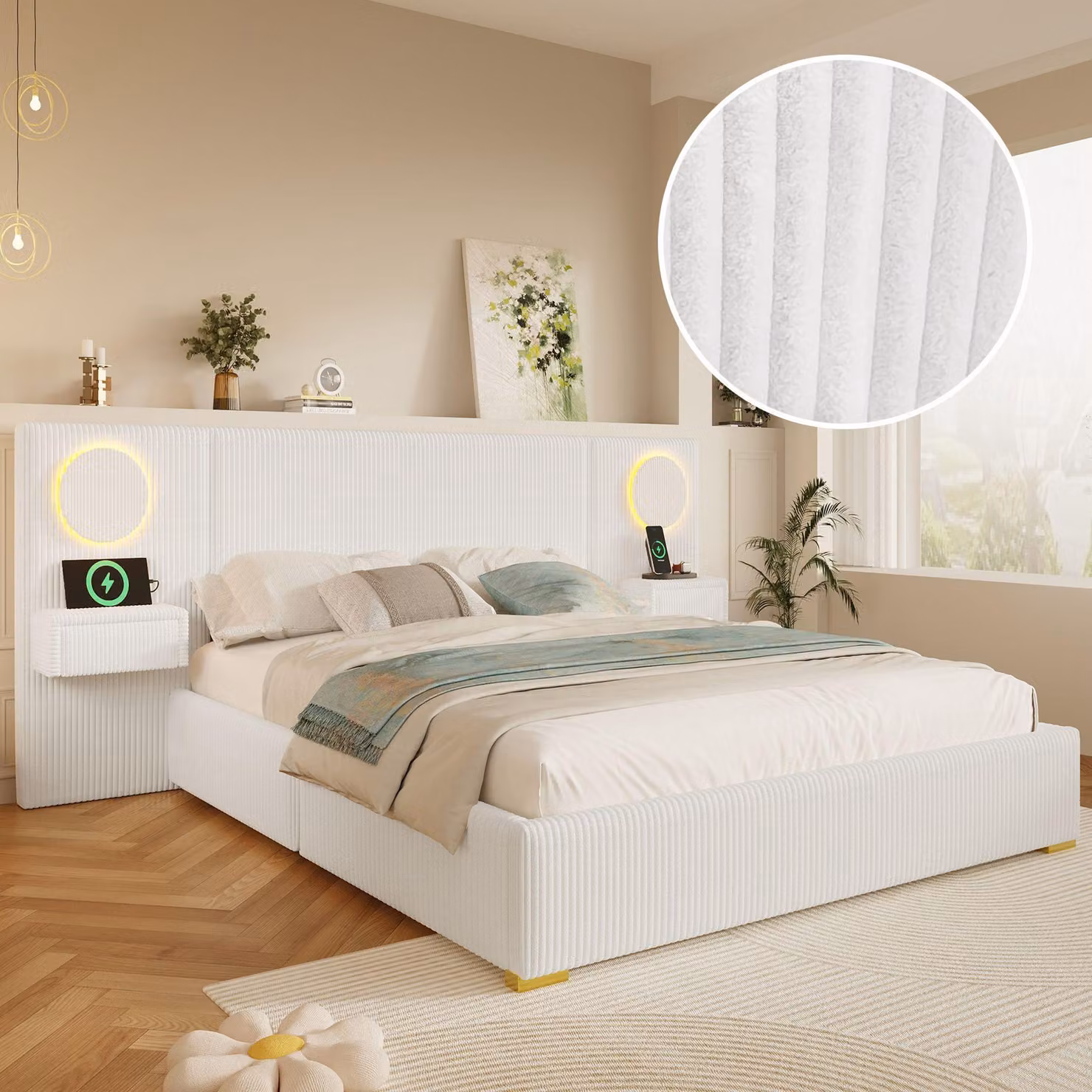 Letto imbottito Merax 180x200 cm, rivestito in velluto, con testiera LED, prese USB e cassettiere laterali, letto matrimoniale con rete a doghe, modello basso, color beige