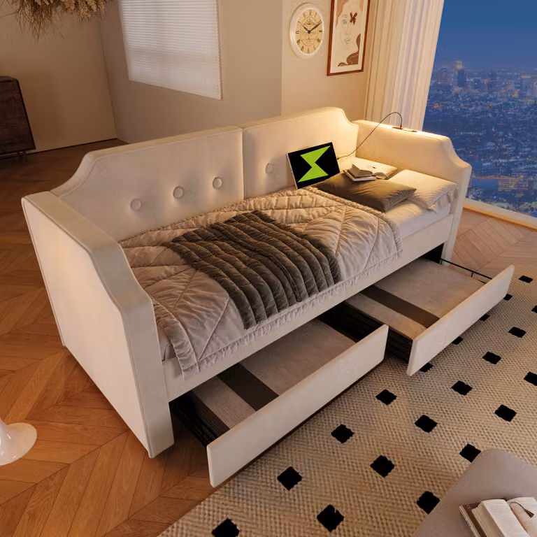 STILVORA Letto imbottito/divano letto 90x200 cm con luce di lettura USB Type-C, struttura letto per ragazzi con rete a doghe, velluto, beige (senza materasso)