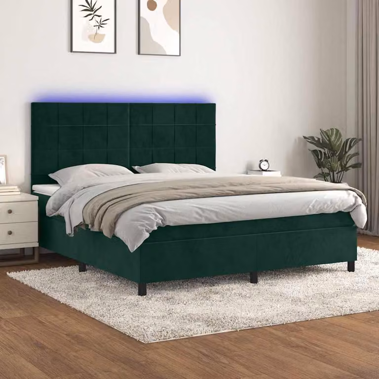 Letto Ibrido vidaXL con Materasso e LED Verde Scuro in Velluto L: 180 cm, P: 200 cm, H: 203 cm