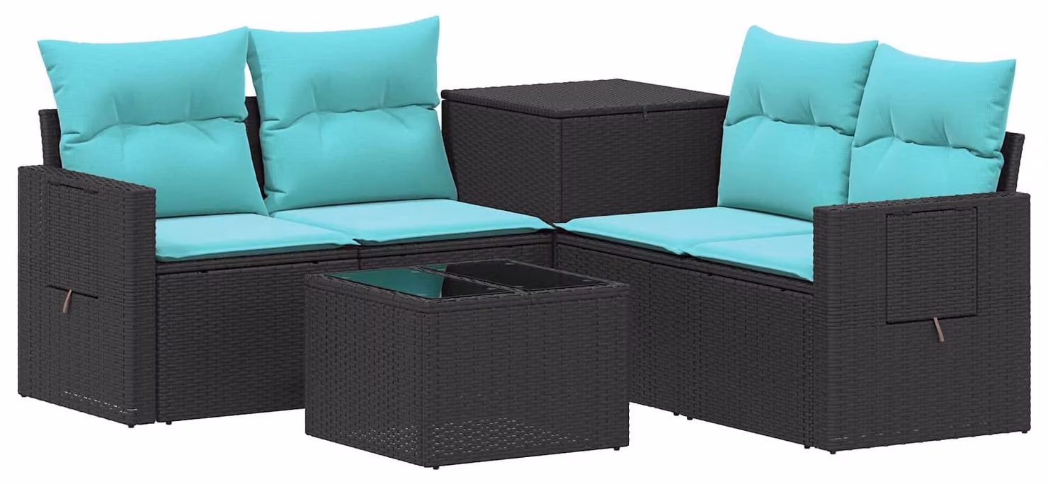 Set di divani da esterno, 6 pezzi, colore nero e blu, realizzato in rattan sintetico e acciaio