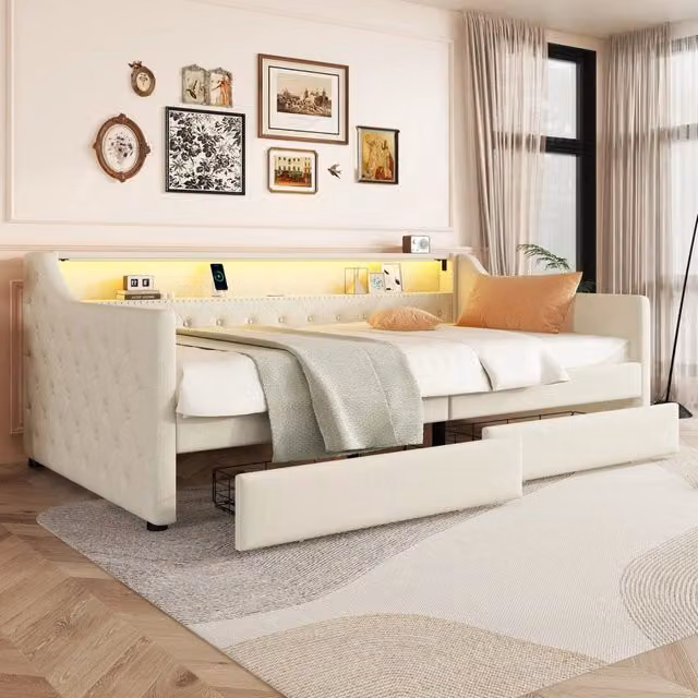 Divano letto 90 x 200 cm in lino e MDF; 2 cassetti; LED multicolore; USB; beige